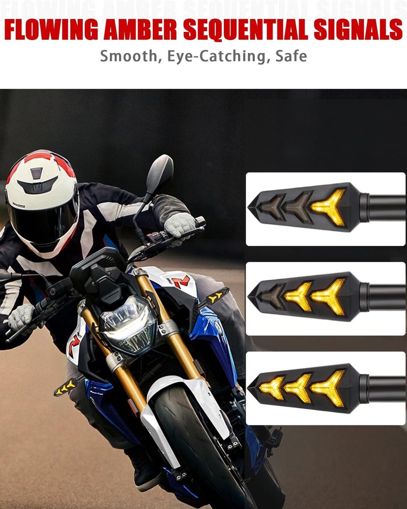 KICRY Sequential Turn Signal Motorcycle Blinkers LED Front Rear Flowing Indicators Daytime Running Light Universal Compatible with Harley Honda Kawasaki Suzuki Yamaha (Blue/Amber/Red) - Image 4